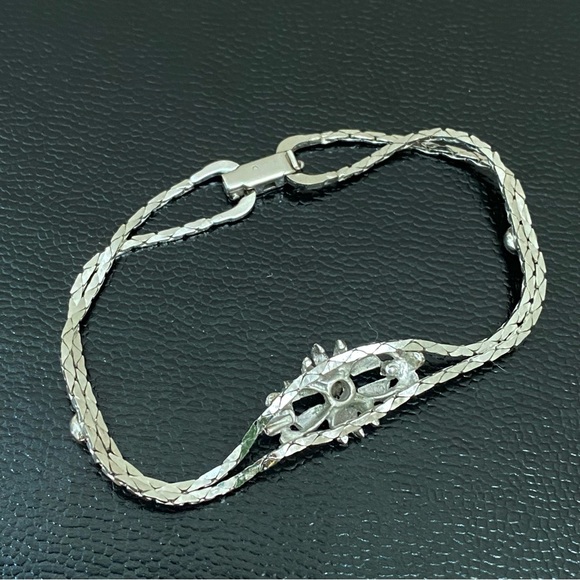 Vintage Silver Ruby Red Floral Bell Center Double Snake Chain 7.5” Bracelet - Picture 9 of 16